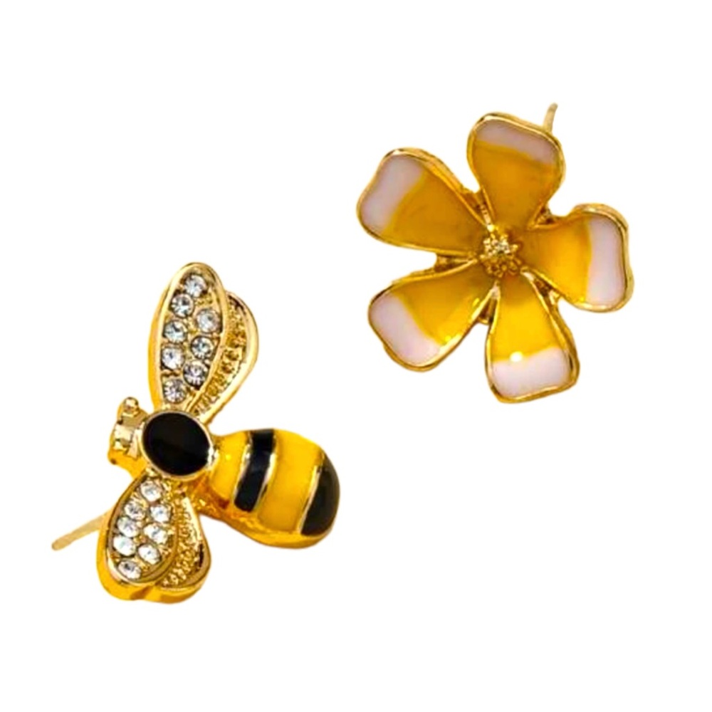 Bee & flower rhinestone mismatched stud earrings